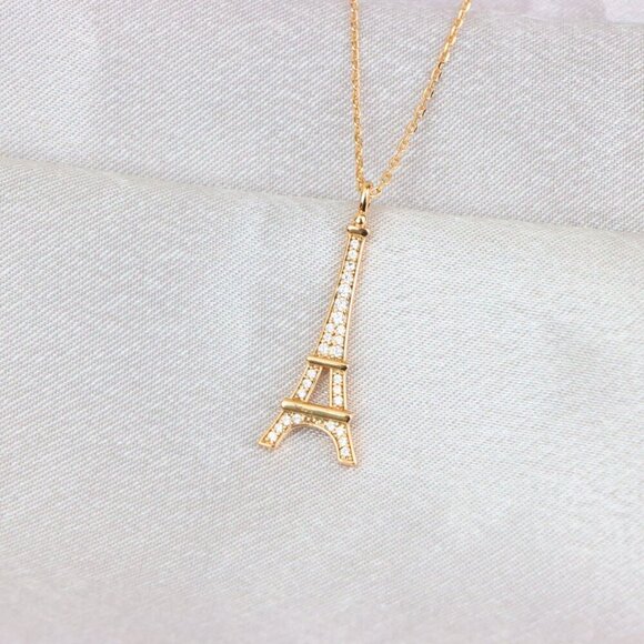 "Rose Gold Eiffel Tower Pendant Necklace with Sparkling Crystals, XPNL1883 - Picture 6 of 13